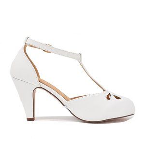 Women's T-Strap Tear-Drop Retro White Pu Pump